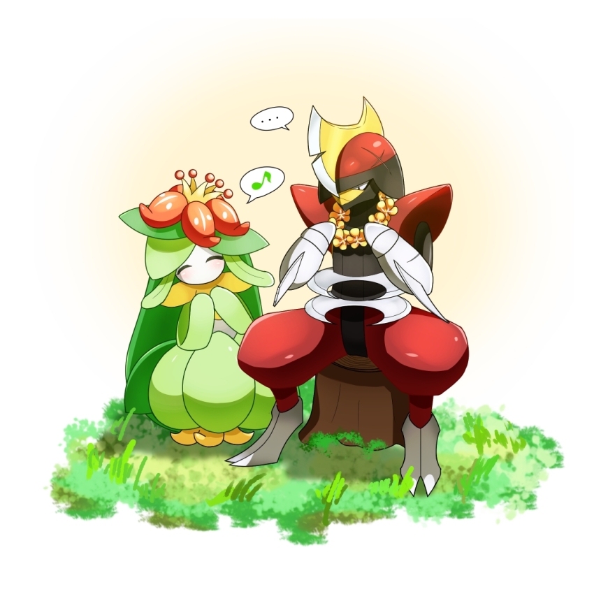 ... bisharp closed_eyes commentary_request flower_wreath gen_5_pokemon grass hands_up holding lilligant musical_note nintendo no_humans pokemon pokemon_(creature) pokemon_focus sitting spoken_ellipsis spoken_musical_note standing tree_stump wanikuroko