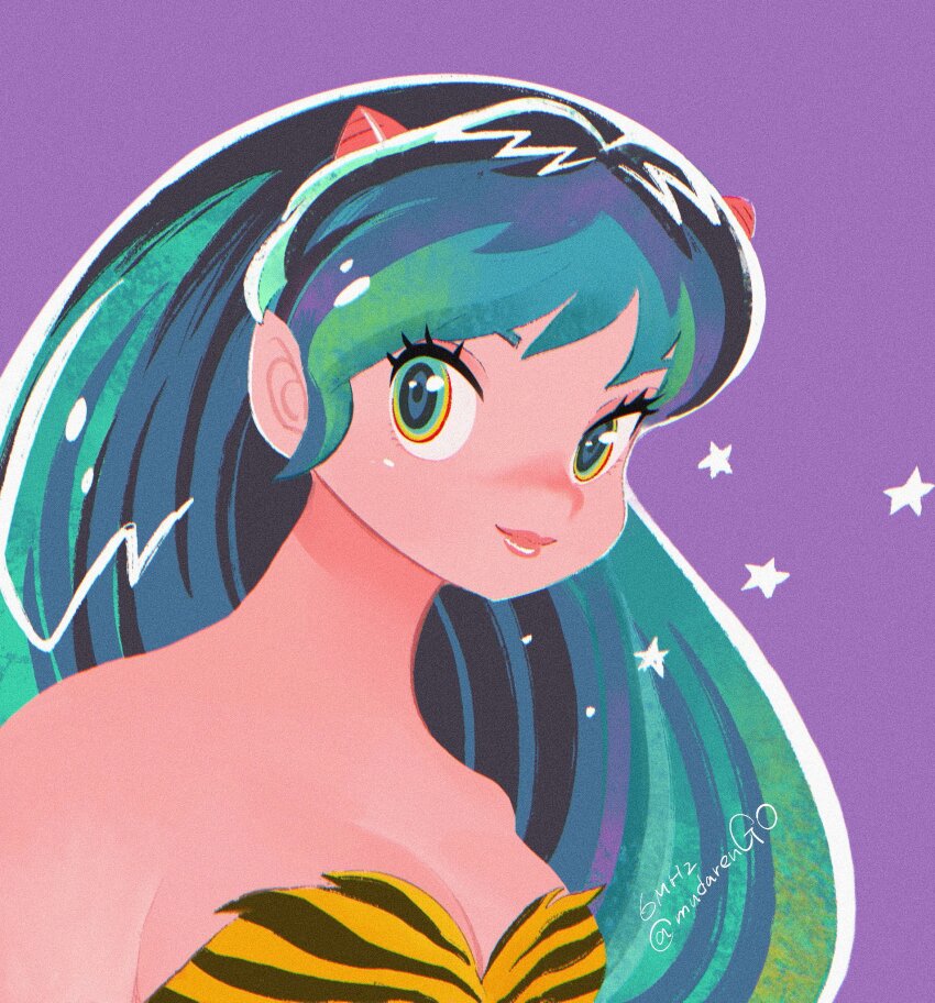 1girl animal_print artist_name bikini bikini_top_only cone_horns gradient_hair green_eyes highres horns long_hair looking_at_viewer lum muda_rengou_to_ziggy_stardust multicolored_hair pointy_ears print_bikini purple_background sidelocks solo star_(symbol) streaked_hair swimsuit tiger_print upper_body urusei_yatsura