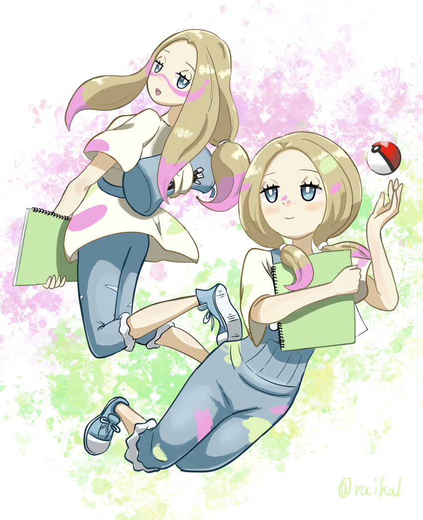 1girl absurdres bag blonde_hair blue_eyes blush capri_pants creatures_(company) denim dual_persona duffel_bag full_body game_freak green_background half-closed_eyes highres holding holding_notebook jeans long_hair mina_(pokemon) nintendo notebook open_mouth overalls paint_in_hair paint_splatter paint_splatter_on_face pants pink_background poke_ball poke_ball_(basic) pokemon pokemon_lgpe pokemon_sm ponytail raihal_il shoes smile sneakers solo twintails