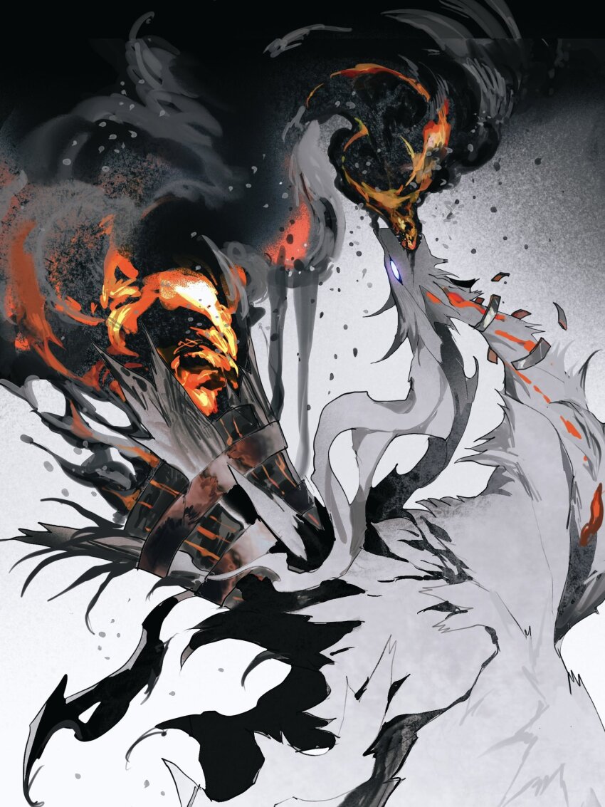 blue_eyes breaking breath_weapon breathing_fire dragon feathers film_grain fire gen_5_pokemon glowing glowing_eyes gradient_background highres kamikiririp legendary_pokemon nintendo no_humans open_mouth pokemon pokemon_(creature) pokemon_focus reshiram smoke white_background white_feathers white_fur white_wings wings