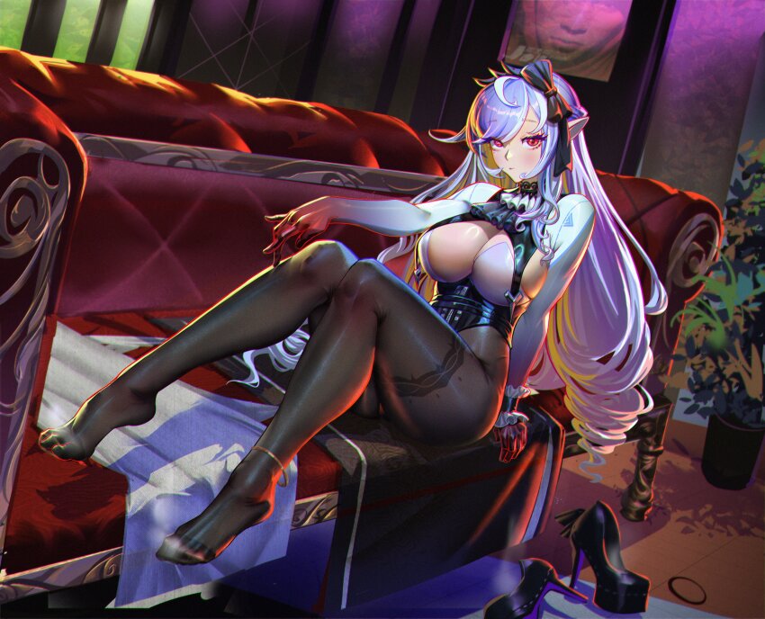 1girl absurdres anklet ascot black_bow black_pantyhose black_shoes bow bra breast_curtains breasts chromatic_aberration couch frilled_wrist_cuffs frills hair_between_eyes hair_bow hashtag-only_commentary hhhhhddd_audn high_heels highres indoors jewelry large_breasts long_hair looking_at_viewer mole mole_under_eye on_couch pantyhose patterned_legwear plant pointy_ears potted_plant purple_bra purple_hair red_eyes shoes shrug_(clothing) solo underwear vivian_banshee white_ascot white_shrug white_sleeves wrist_cuffs zenless_zone_zero