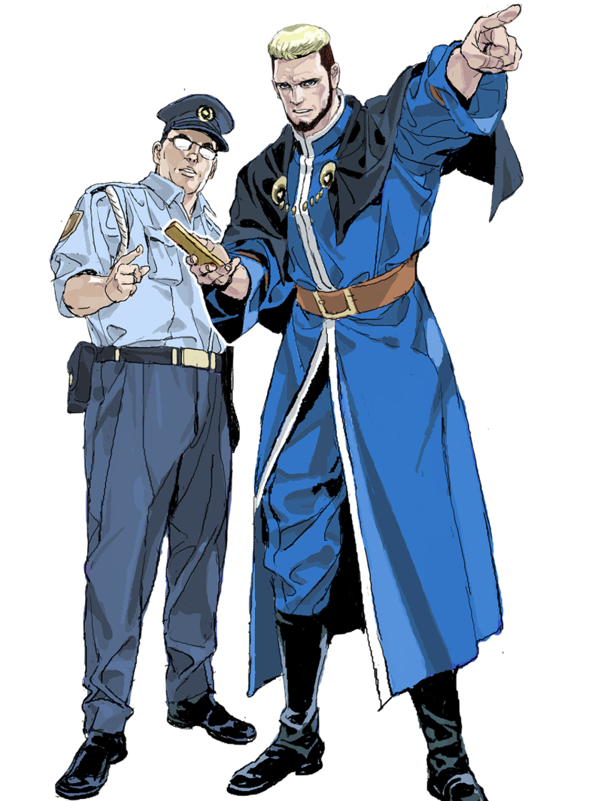 2boys beard belt black_hair blonde_hair blue_eyes blue_shirt boots cellphone facial_hair goenitz habit hat highres holding holding_phone japan_national_police long_sleeves looking_at_viewer male_focus multicolored_hair multiple_boys nobita_(makoto7060355) phone police police_badge police_hat police_uniform policeman priest shirt short_hair smartphone snk the_king_of_fighters the_king_of_fighters_&#039;96 two-tone_hair