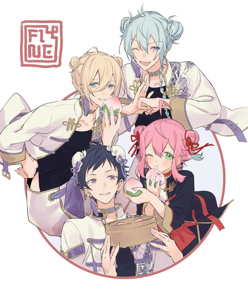 4boys ;t ahoge artist_logo bamboo_steamer steamed_bun bishounen black_jacket border bun_cover chinese_clothes chinese_food choker double_bun dual_wielding earrings ensemble_stars! fine_(ensemble_stars!) food fushimi_yuzuru hair_bun hair_up hand_on_own_hip hibiki_wataru highres himemiya_tori himemiya_tori_(togenkyo) hip_vent holding holding_food inset_border jacket jewelry logo longevity_peach_bun male_focus multiple_boys open_clothes open_jacket outside_border palm-fist_greeting purple_choker red_border red_choker rice_(rice8p) round_border round_image shirt simple_background single_earring tassel tassel_earrings tenshouin_eichi white_background white_jacket