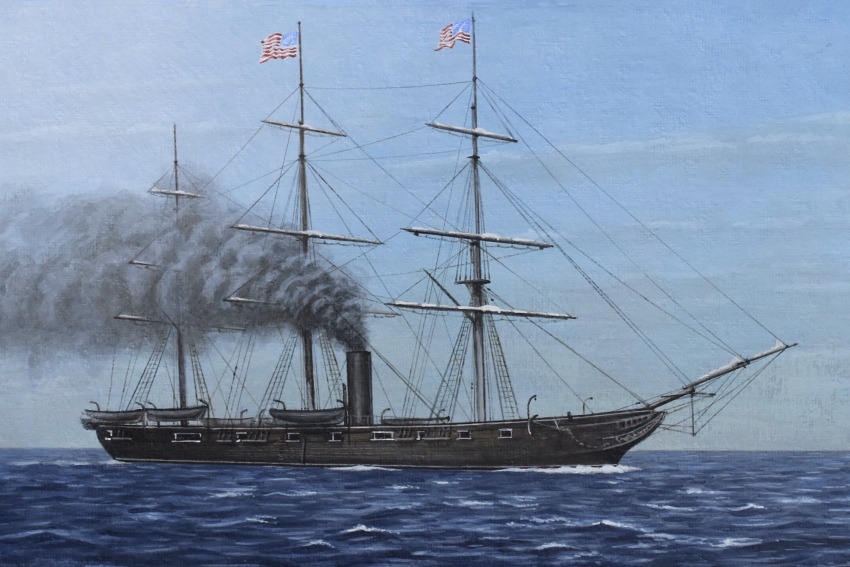 acrylic_paint_(medium) american_flag atelier_bono cloud cloudy_sky frigate highres mast military_vehicle no_humans original painting_(medium) ship sky smoke smokestack traditional_media united_states_navy uss_wyoming_(1859) vehicle_focus warship watercraft