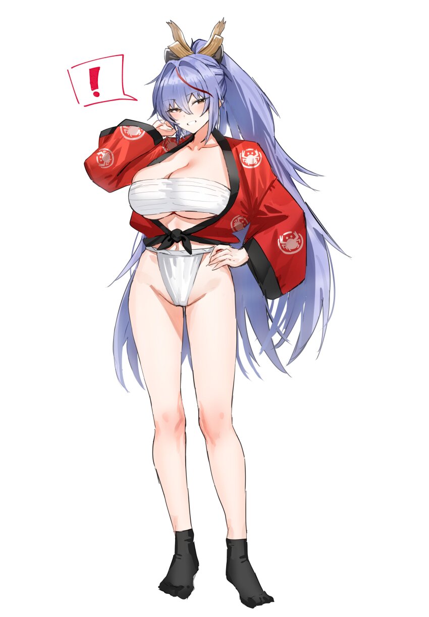 ! 1girl absurdres akafuyu_(arknights) alternate_costume arknights black_socks blue_hair blush breasts chest_sarashi commentary_request crab_print full_body fundoshi hair_intakes hand_on_own_hip highres horn/wood japanese_clothes large_breasts long_hair looking_at_viewer multicolored_hair red_hair red_shirt sarashi shirt simple_background smile socks solo spoken_exclamation_mark standing streaked_hair thighs tied_shirt white_background