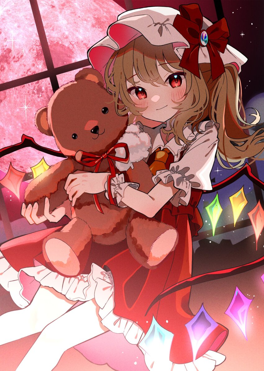 1girl ascot blonde_hair bow collared_shirt commentary flandre_scarlet hat hat_bow highres knees_together_feet_apart light_smile looking_at_viewer mob_cap moon one_side_up puffy_short_sleeves puffy_sleeves red_bow red_eyes red_moon red_ribbon red_skirt red_vest ribbon shirt short_sleeves skirt solo stuffed_animal stuffed_toy tamagogayu1998 teddy_bear touhou vest white_hat white_shirt window wings wrist_cuffs yellow_ascot