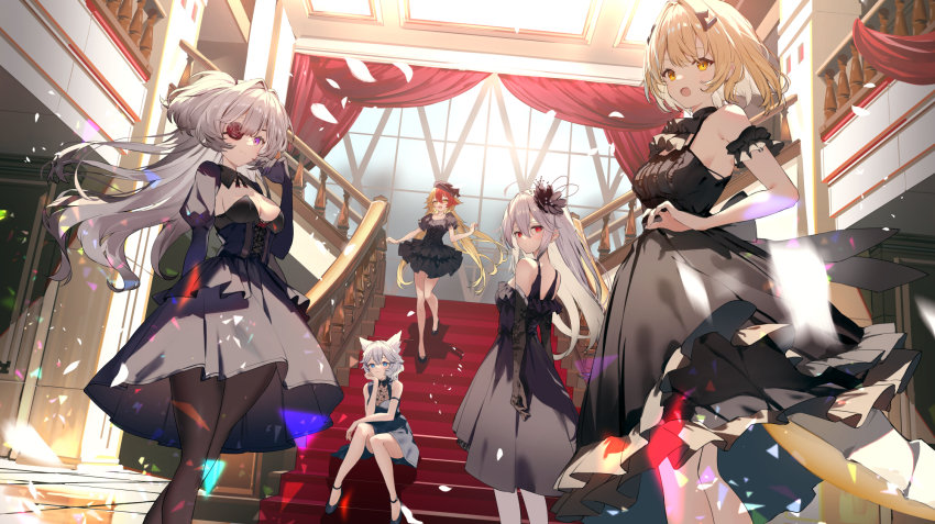 5girls alchemy_stars alternate_costume arm_at_side arm_garter ascot ashima_(roro046) bare_arms bare_shoulders black_dress black_gloves black_headwear black_legwear blonde_hair blue_eyes blush breasts cleavage closed_mouth curtains dress eicy_(alchemy_stars) elbow_gloves eyepatch flower gloves grey_hair gronru_(alchemy_stars) hair_flower hair_intakes hair_ornament hand_on_own_chin hand_up hat high_heels highres indoors lace lace_gloves looking_at_viewer looking_back medium_breasts multicolored_hair multiple_girls open_mouth pantyhose philyshy_(alchemy_stars) puffy_short_sleeves puffy_sleeves purple_eyes red_eyes red_hair short_hair short_sleeves shrug_(clothing) sitting sleeveless sleeveless_dress smile stairs standing strapless strapless_dress strappy_heels tail twintails two-tone_hair uriel_(alchemy_stars) vice_(alchemy_stars) window yellow_eyes
