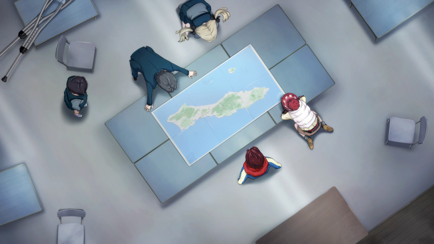 2boys 3girls beanie black_hair blazer blonde_hair blue_hoodie blue_sailor_collar blue_skirt bow brown_hair brown_shoes brown_shorts cardigan chuo_tanegashima_high_school_uniform crossed_arms daitoku_junna from_above fukuda_tomonori game_cg green_shirt hair_bow hat hidaka_subaru highres hood hoodie indoors jacket kneeling koujiro_frau long_hair long_sleeves map miniskirt multiple_boys multiple_girls multiple_hair_bows non-web_source official_art on_floor padded_vest plaid_clothes plaid_shirt plaid_sleeves pom_pom_(clothes) pom_pom_beanie red_hair red_hat red_hood red_shirt robotics;notes sailor_collar school_uniform science_adventure senomiya_akiho shirt shoes shorts sitting skirt sneakers standing table vest wariza white_vest winter_clothes winter_uniform yashio_kaito yellow_cardigan