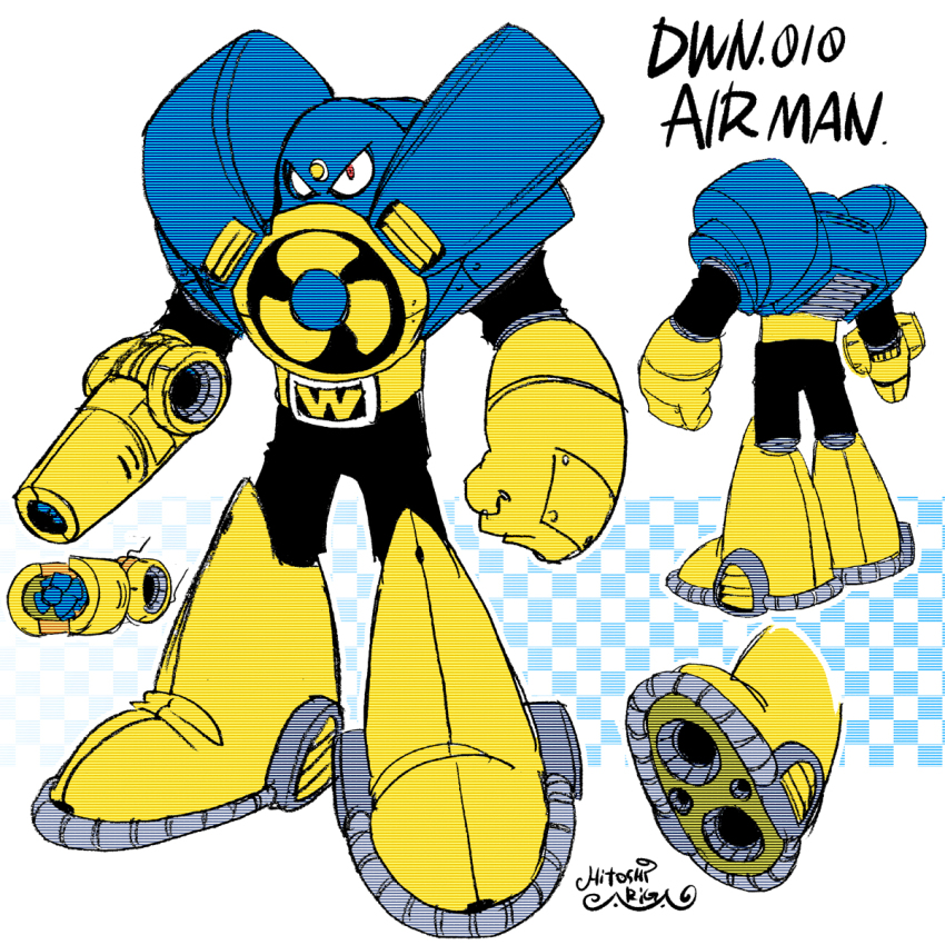 1boy air_man ariga_hitoshi arm_cannon armor artist_name blue_armor blue_background boots character_name checkered_background clenched_hand commentary_request concept_art electric_fan forehead_jewel from_behind full_body gradient_background highres humanoid_robot knee_boots looking_ahead male_focus mechabare mega_man_(classic) mega_man_(series) mega_man_2 mega_man_megamix multiple_views no_humans no_mouth red_eyes reference_sheet robot scanlines shoe_soles shoulder_armor signature simple_background standing turnaround weapon white_background yellow_boots
