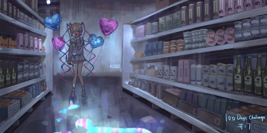 1girl ^_^ absurdres aisle ankle_strap balloon blonde_hair blood blood_on_face blood_splatter bloody_weapon blue_bow bottle bow bowtie catzz chouzetsusaikawa_tenshi-chan closed_eyes commentary_request facing_viewer hair_bow hair_ornament hand_on_own_cheek hand_on_own_face heart heart_balloon heart_hair_ornament highres holding holding_knife holding_weapon horror_(theme) indoors knife long_hair long_sleeves miniskirt monster_energy multicolored_hair multiple_hair_bows needy_girl_overdose open_mouth pink_bow pink_hair platform_shoes pleated_skirt purple_bow quad_tails rainbow_blood sailor_collar scenery school_uniform serafuku shirt shoes shop skirt smile solo standing very_long_hair weapon white_sailor_collar white_shirt white_shoes white_skirt wide_shot yellow_bow yellow_bowtie