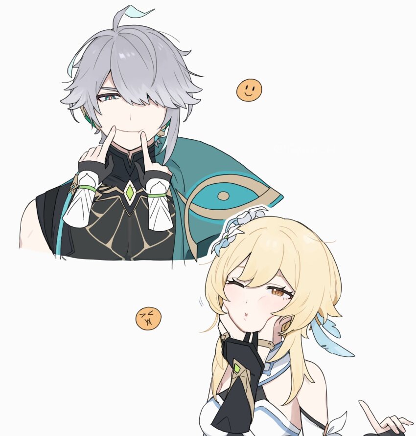 1boy 1girl alhaitham_(genshin_impact) bare_shoulders blonde_hair breasts cheek_squash detached_sleeves dress feather_hair_ornament feathers flower forced_smile genshin_impact green_eyes grey_background grey_hair hair_flower hair_ornament highres index_finger_raised looking_at_viewer lumine_(genshin_impact) q_(oshikuraq) short_hair_with_long_locks simple_background white_dress white_flower yellow_eyes