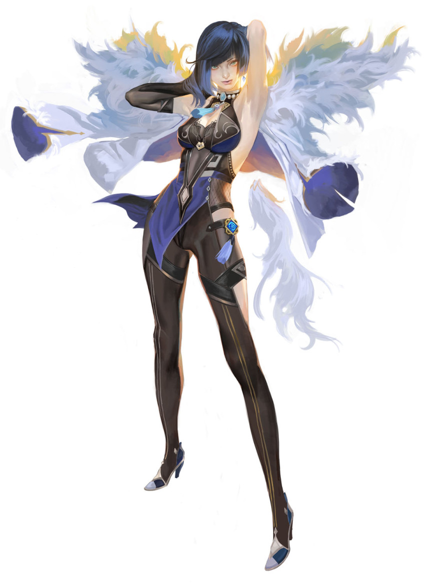 1girl arm_up armpits bare_shoulders blue_hair bob_cut breasts cleavage cleavage_cutout clothing_cutout diagonal_bangs earrings fur_trim gloves green_eyes hand_on_own_head high_heels highres hydro_symbol_(genshin_impact) ikeda_masateru jacket jewelry large_breasts leggings looking_at_viewer mole mole_on_breast parted_lips see-through_clothes short_hair simple_background solo standing tassel thigh_cutout vision_(genshin_impact) white_background yelan_(genshin_impact)