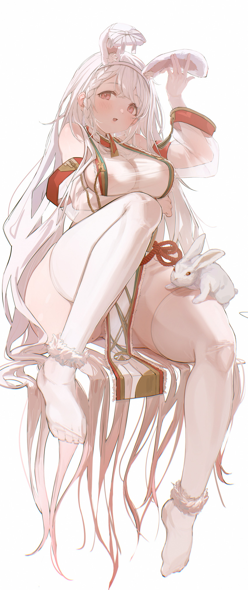 1girl :d absurdly_long_hair absurdres adjusting_clothes adjusting_headwear animal_ear_hairband animal_ears arm_under_breasts blush braided_sidelock breasts chinese_zodiac commentary_request crossed_bangs detached_sleeves dress fake_animal_ears feet from_below fur-trimmed_dress fur_anklet fur_trim hairband highres invisible_chair karya knee_up large_breasts long_hair looking_at_viewer lop_rabbit_ears mole mole_on_thigh open_mouth original pelvic_curtain pink_eyes rabbit_ear_hairband rabbit_ears rabbit_ornament red_rope ribbon rope see-through_clothes see-through_dress see-through_sleeves simple_background sitting skindentation smile solo tassel thighhighs toes very_long_hair white_background white_hair white_rabbit_(animal) white_ribbon white_thighhighs year_of_the_rabbit