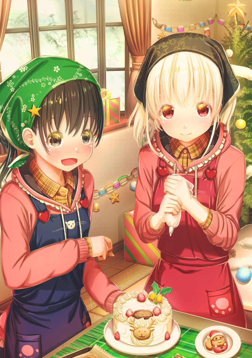 2girls :d aiuabo albino apron black_eyes black_hair black_headscarf blue_apron box cake cake_decoration child christmas christmas_ornaments christmas_tree commentary_request cookie curtains drawstring food fruit gift gift_box green_headscarf hair_ornament headscarf heart highres hood hoodie indoors long_sleeves looking_at_viewer multiple_girls open_mouth original paper_chain pastry_bag pink_hoodie plaid_clothes plaid_shirt plate red_apron red_eyes shirt siblings sisters smile star_(symbol) star_hair_ornament star_print strawberry tablecloth white_hair window yellow_shirt
