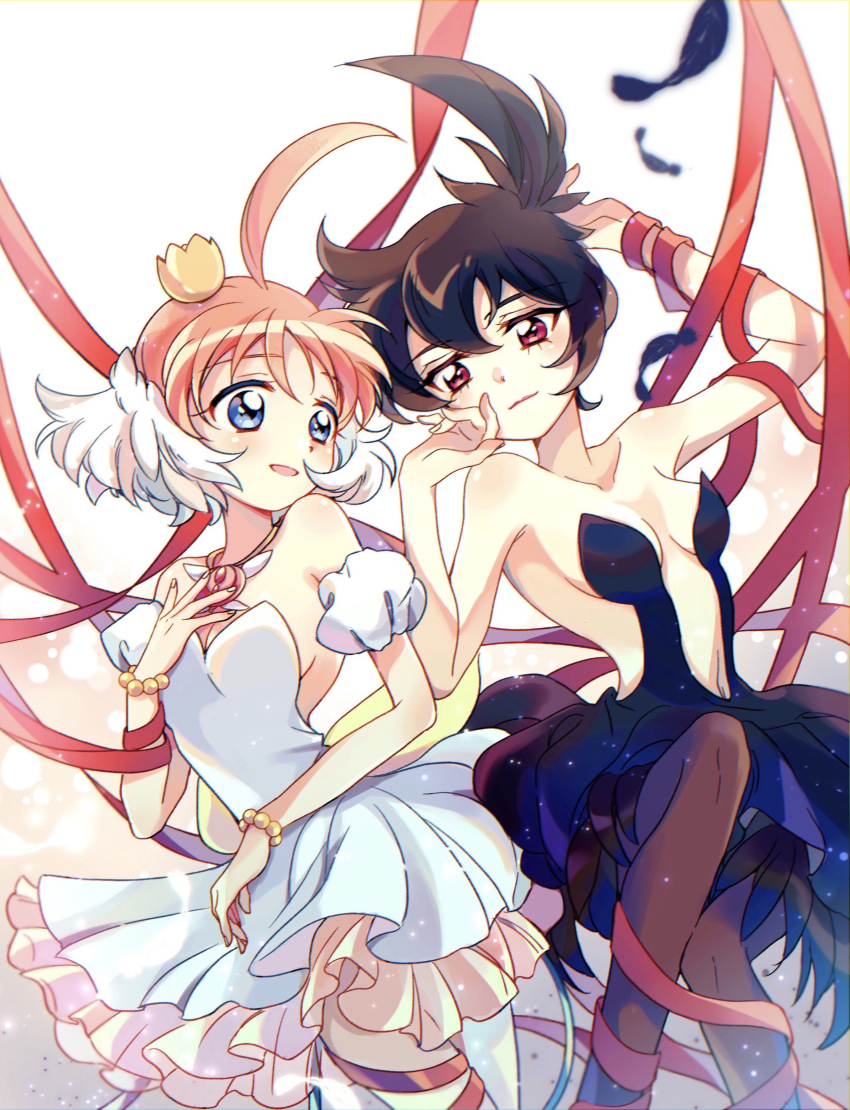 2girls ahiru_(princess_tutu) ahoge arm_up armpit_peek ballerina bare_shoulders bead_bracelet beads black_feathers black_hair black_pantyhose bracelet breasts cleavage commentary crown falling_feathers feathers gradient_background hair_between_eyes hand_on_own_cheek hand_on_own_chest hand_on_own_face highres huge_ahoge jewelry light_smile magical_girl mini_crown multicolored_hair multiple_girls necklace off_shoulder orange_hair pale_skin pantyhose princess_kraehe princess_tutu princess_tutu_(character) red_eyes rue_(princess_tutu) short_hair string string_of_fate suzuki_(2red_moon3) symbol-only_commentary tutu two-tone_hair wrapped_up