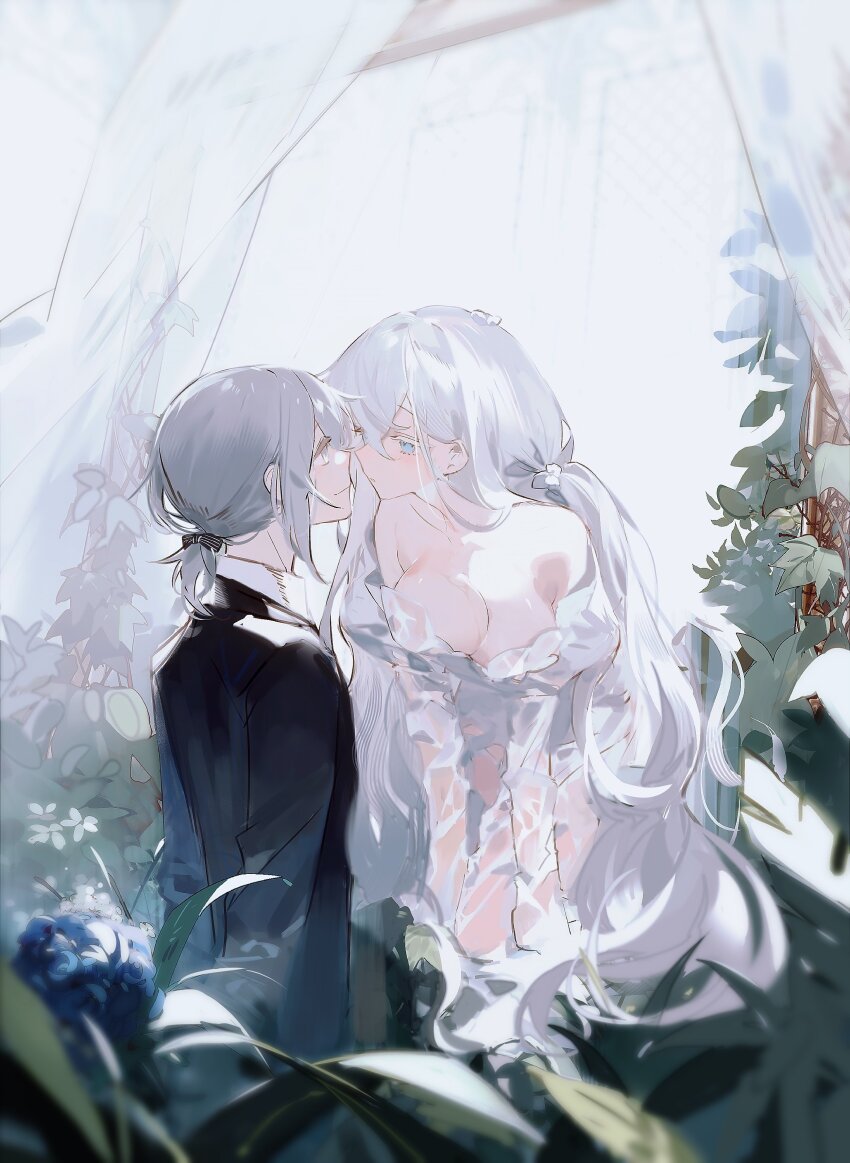 1boy 1girl 1other absurdres asphyxia17 bare_shoulders black_bow black_jacket blue_eyes blue_flower bow breasts closed_eyes colored_eyelashes couple curtains dress face-to-face flower grey_hair hair_bow highres jacket juliet_sleeves large_breasts leaf long_sleeves looking_at_another original ponytail puffy_sleeves short_ponytail sidelocks smile strapless strapless_dress wet wet_clothes wet_dress white_dress white_hair white_theme window