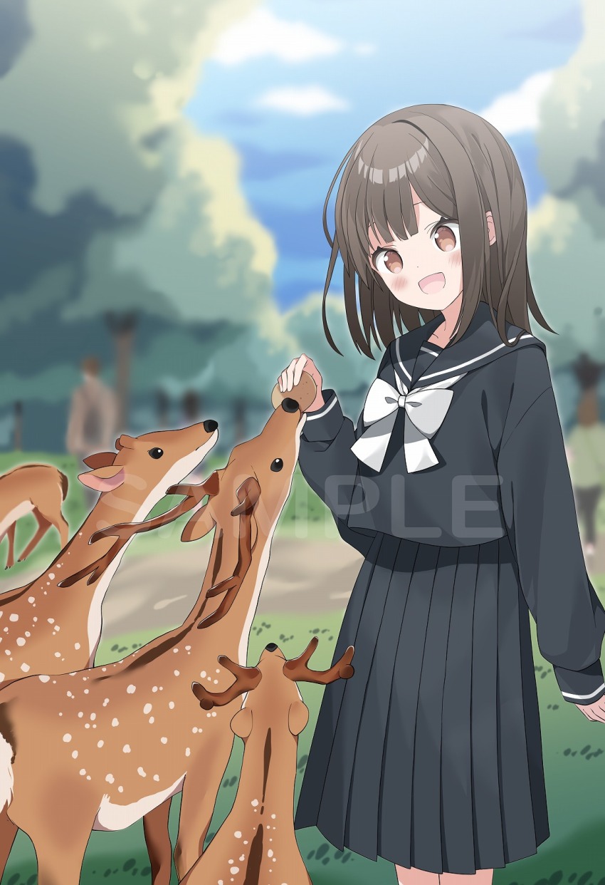 1girl :d animal black_sailor_collar black_serafuku black_shirt black_skirt blue_sky blurry blurry_background blush bow brown_eyes brown_hair cloud commentary_request day deer deer_cracker depth_of_field feeding food highres holding holding_food long_sleeves open_mouth original outdoors pleated_skirt puffy_long_sleeves puffy_sleeves sailor_collar sample_watermark school_uniform serafuku shirt skirt sky sleeves_past_wrists smile solo tantan_men_(dragon) tree watermark white_bow