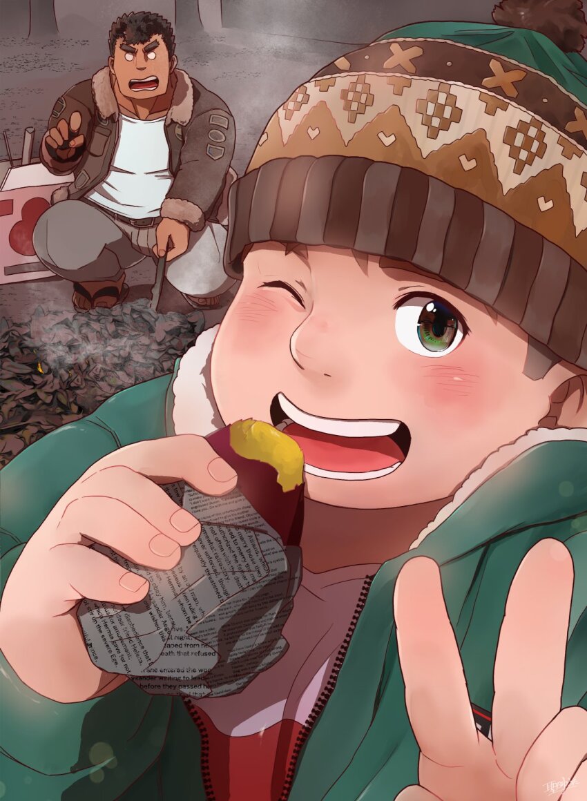 2boys bara beanie black_hair black_jacket blush campfire coat collarbone eating english_text fat fat_man green_coat grey_pants hat highres hijirino_yuuta jacket multiple_boys open_mouth pants pom_pom_(clothes) pom_pom_beanie sandals shirt short_hair takabushi_kengo teeth thick_eyebrows tokyo_houkago_summoners v v-shaped_eyebrows white_shirt yakushimaru_ryota