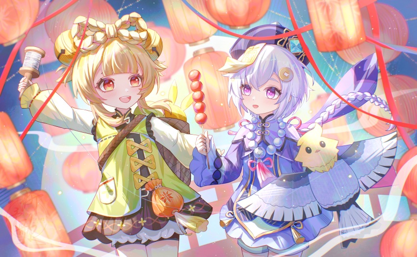 2girls absurdres aqinorz basket bead_necklace beads bell blunt_bangs blush braid brown_hair coin_hair_ornament dress genshin_impact hair_bell hair_ornament hat highres holding jewelry jiangshi kite long_sleeves multiple_girls necklace ofuda open_mouth purple_eyes purple_hair qiqi_(genshin_impact) sidelocks tanghulu yaoyao_(genshin_impact)