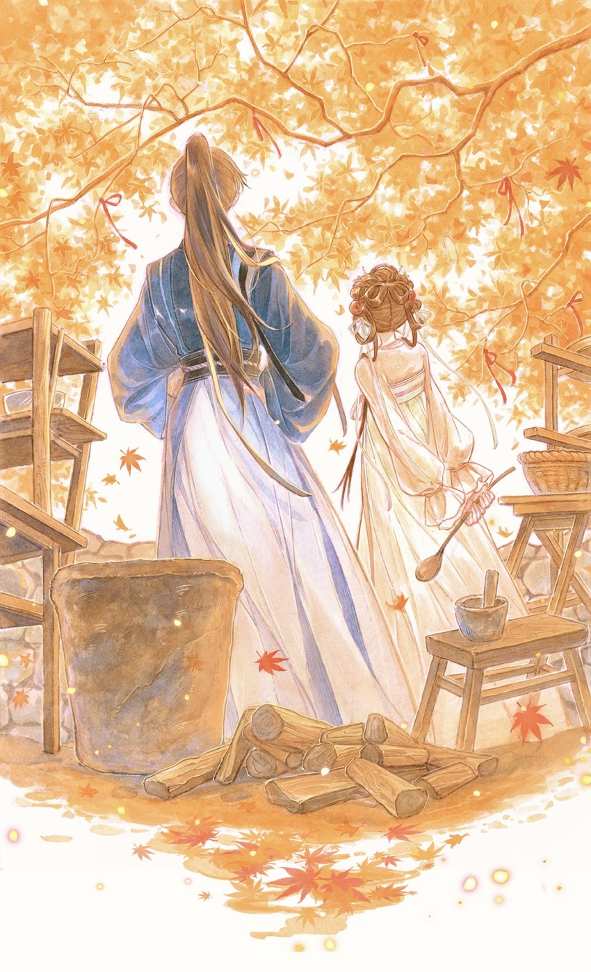 1boy 1girl 9484gu autumn autumn_leaves basket black_hair blue_hanfu brown_hair character_request chinese_clothes chinese_commentary commentary_request copyright_request couple falling_leaves from_behind full_body hair_rings hanfu highres holding holding_spoon leaf long_hair long_sleeves mortar_(bowl) obi outdoors painting_(medium) pestle ponytail sash spoon standing traditional_media tree watercolor_(medium) wooden_spoon