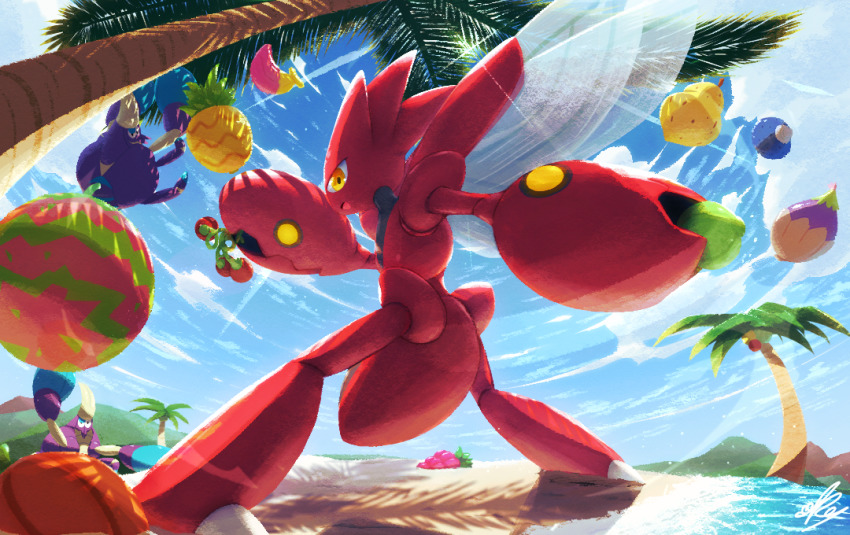 berry_(pokemon) cloud commentary_request crabrawler day ewokakukaede from_below gen_2_pokemon gen_7_pokemon nintendo no_humans open_mouth outdoors palm_tree pincers pokemon pokemon_(creature) scizor signature sitrus_berry sky tree water yellow_eyes