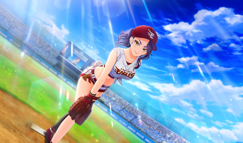 1girl asymmetrical_legwear ball baseball_(object) baseball_cap baseball_glove baseball_stadium baseball_uniform belt blue_sky blurry cinderella_series closed_mouth cloud depth_of_field dutch_angle ear_piercing flag foot_out_of_frame game_cg hachigatsu_no_cinderella_nine hand_on_own_knee hat high_ponytail highres holding holding_ball izumida_kyouka lens_flare light_particles light_rays long_hair looking_ahead mismatched_legwear nippon_professional_baseball non-web_source official_alternate_hairstyle official_art orange_eyes outdoors piercing pitching_mound ponytail purple_hair red_belt red_footwear red_hat scoreboard screen_zoom shirt short_sleeves shorts sky smile sportswear standing sunbeam sunlight tied_shirt touhoku_rakuten_golden_eagles white_shirt white_shorts