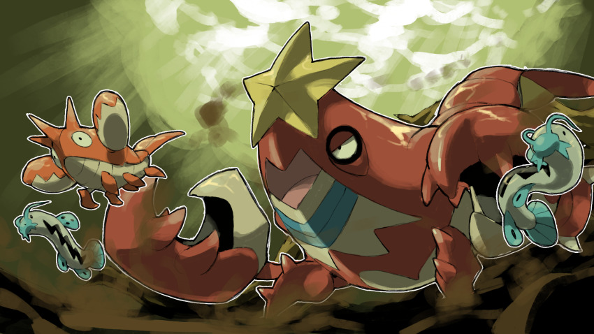 animal_focus barboach blacknirrow closed_mouth corphish crawdaunt crustacean evolutionary_line gen_3_pokemon highres nintendo no_humans open_mouth outline pincers pokemon pokemon_(creature) pokemon_focus underwater white_outline