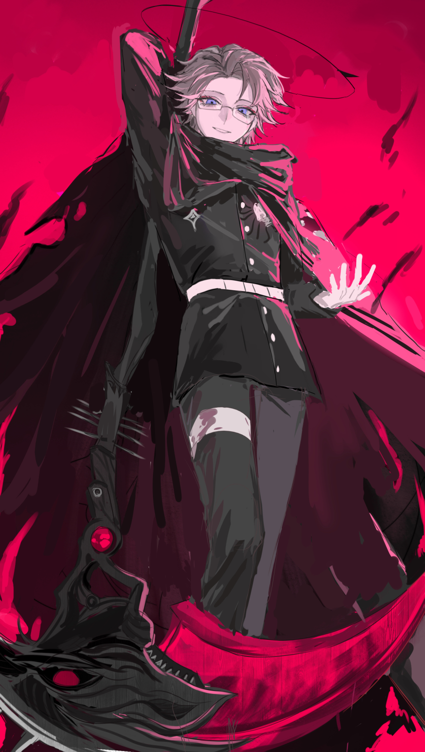 1boy absurdres aotsuki_eito arm_up armband belt black_halo black_pants cape chinese_commentary eyeshadow full_body gakuran glasses gloves grey_hair halo highres holding holding_behind_back holding_scythe holding_weapon_behind_back hole_in_chest hole_on_body last_defense_academy_school_uniform longoephemino looking_at_viewer makeup male_focus pants purple_eyes red_background red_eyeshadow school_uniform scythe short_hair sketch solo spikes the_hundred_line_-last_defense_academy- thigh_strap weapon white_armband white_belt white_gloves