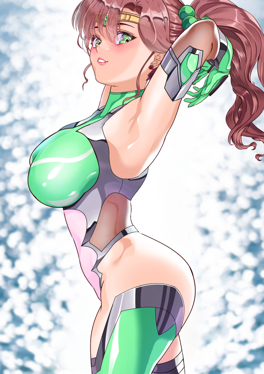 1girl absurdres arion_canvas bishoujo_senshi_sailor_moon bodysuit breasts brown_hair female_focus gloves green_eyes green_gloves green_thighhighs highres kino_makoto large_breasts long_hair looking_at_viewer ponytail sailor_jupiter smile solo taimanin_(series) taimanin_suit thighhighs