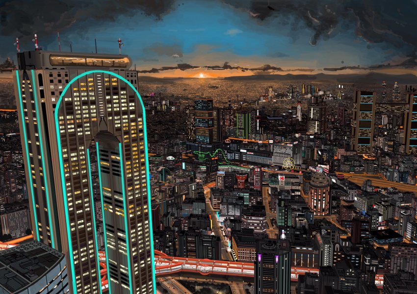 building car city cityscape cloud elevated_highway ferris_wheel hai_to_hickory highres highway horizon motor_vehicle multi-lane_road no_humans original real_world_location road roller_coaster scenery sky skyscraper sun sunset
