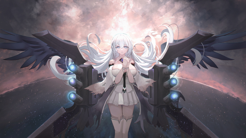 1girl absurdres azur_lane bare_shoulders boots crossed_bangs dress grey_eyes hands_up highres long_hair looking_at_viewer own_hands_clasped own_hands_together parted_lips pleated_skirt rigging rodney_(azur_lane) rodney_(meta)_(azur_lane) saigederikku ship_turret skirt solo very_long_hair white_boots white_dress white_hair white_skirt