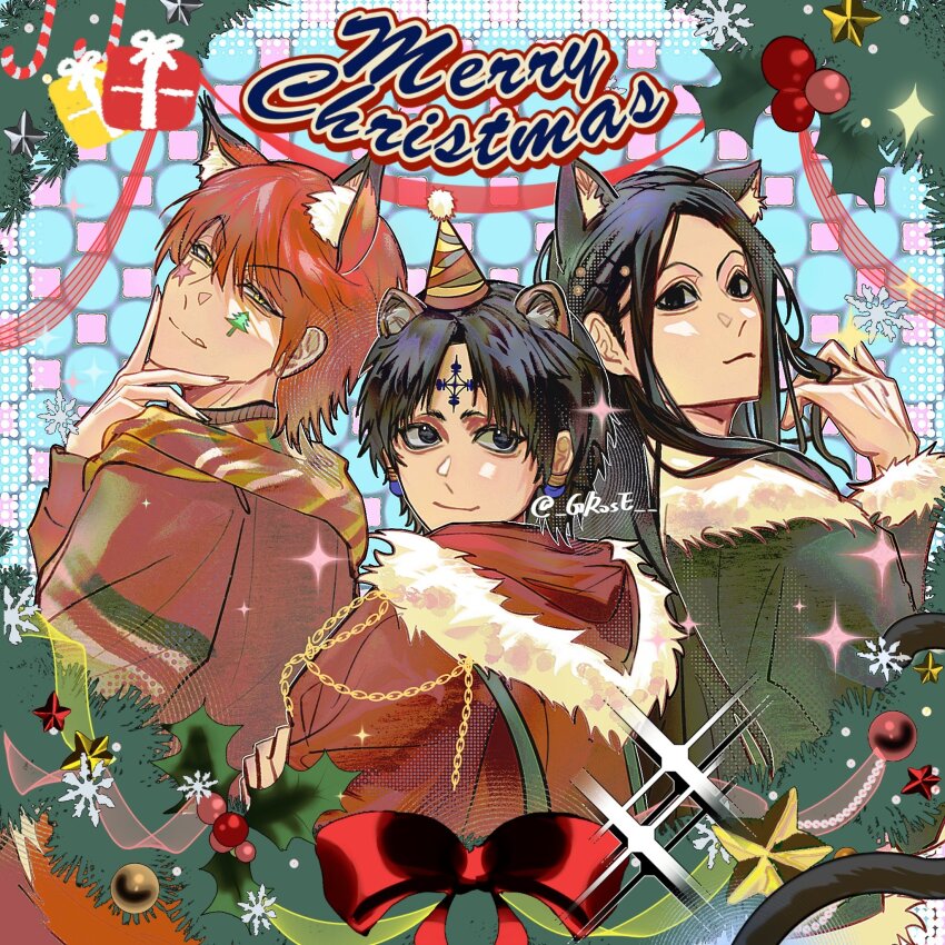 3boys animal_ears black_eyes black_hair black_jacket bow cat_boy cat_ears christmas_ornaments chrollo_lucilfer closed_mouth facial_mark forehead_mark fur-trimmed_jacket fur_trim grose hair_between_eyes hand_in_own_hair hand_on_own_face highres hisoka_morow hunter_x_hunter illumi_zoldyck jacket kemonomimi_mode long_hair male_focus merry_christmas multiple_boys parted_bangs red_bow red_hair red_jacket scarf short_hair smile twintails upper_body yellow_eyes