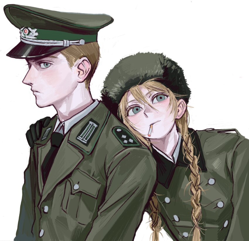 1boy 1girl black_gloves blonde_hair blue_eyes braid cigarette closed_mouth coat collared_shirt east_germany gloves green_coat green_hat green_jacket hand_on_another&#039;s_shoulder hat highres jacket looking_at_viewer military_jacket military_uniform min_do-sik nationale_volksarmee necktie original peaked_cap shirt short_hair shoulder_boards simple_background twin_braids upper_body ushanka white_background