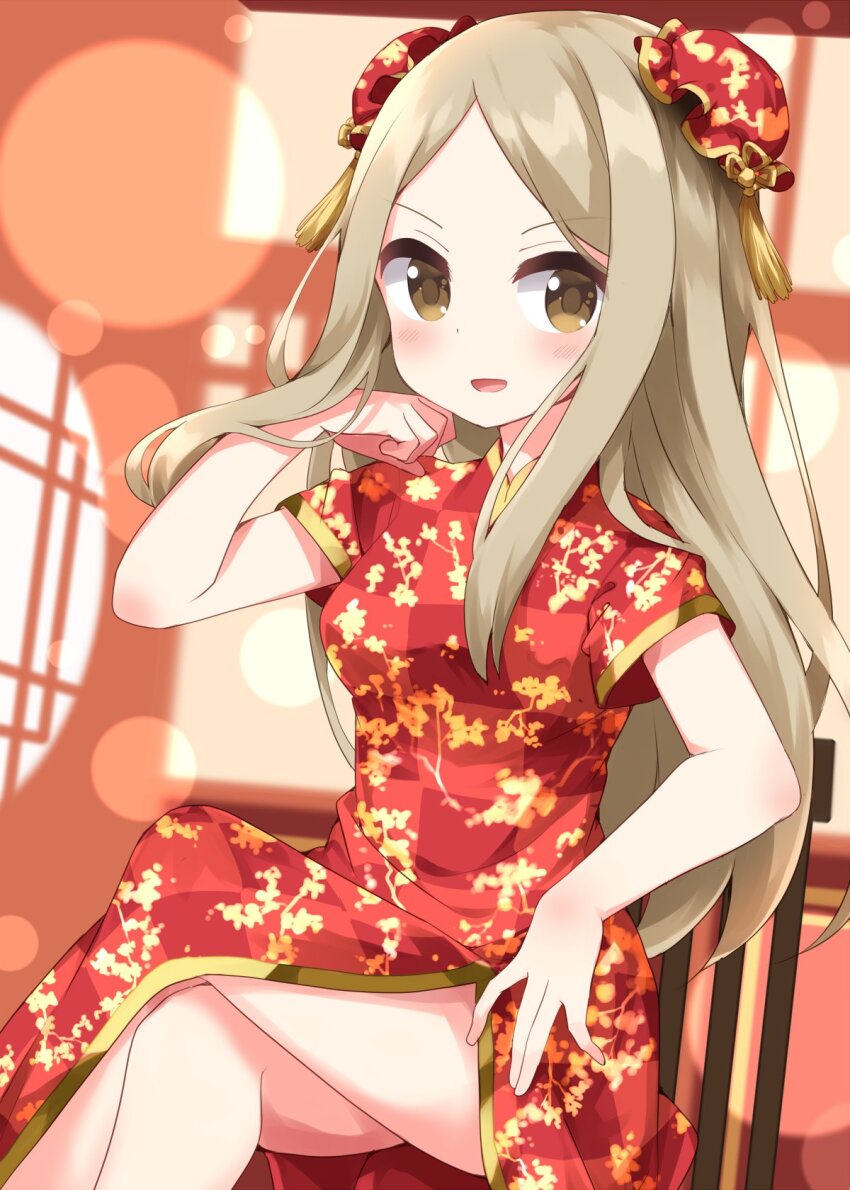 1girl :d blonde_hair blush breasts bun_cover chair china_dress chinese_clothes commentary_request crossed_legs double_bun dress hair_bun hand_up highres long_hair looking_at_viewer medium_breasts noda_kotone on_chair open_mouth red_dress ruu_(tksymkw) sakura_trick short_sleeves sidelocks sitting smile solo yellow_eyes