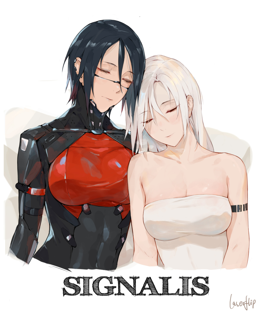 2girls barcode barcode_tattoo black_bodysuit black_hair bodysuit closed_eyes closed_mouth copyright_name dress elster_(signalis) glasses highres laserflip long_hair multiple_girls portrait rebecca_(signalis) rimless_eyewear short_hair signalis strapless strapless_dress tattoo white_dress white_hair yuri
