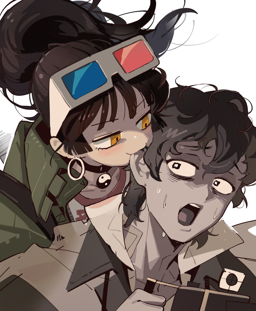1boy 1girl 3d_glasses absurdres an-an_lee bags_under_eyes biting black_choker black_hair blush camera choker click_(reverse:1999) coat biting_ear earrings eyewear_on_head floating_hair ghost green_coat highres holding holding_camera jewelry korean_commentary open_mouth ponytail reverse:1999 surprised sweat transparent wwwww yellow_eyes yin_yang