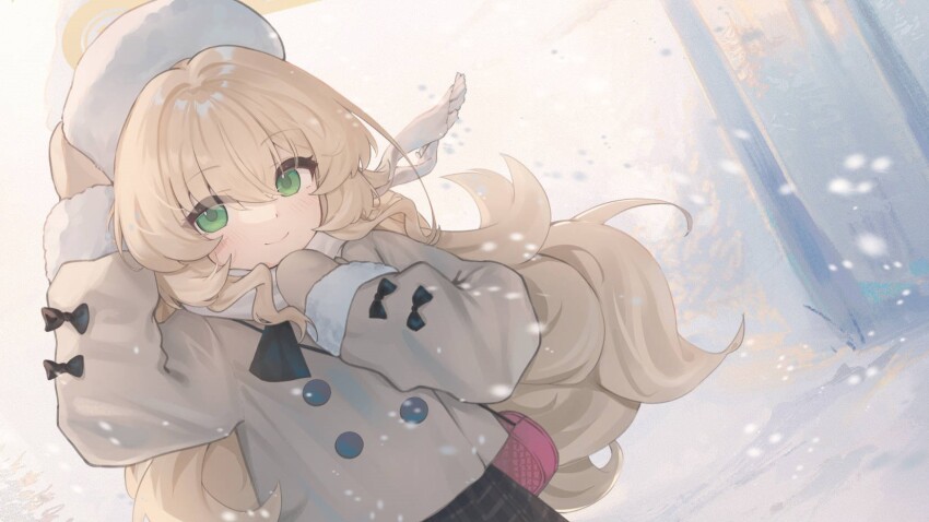 1girl alternate_costume bag black_bow black_skirt blonde_hair blue_archive bow ciza_gomi closed_mouth commentary dutch_angle fur-trimmed_sleeves fur_trim green_eyes hair_between_eyes halo hat highres jacket long_hair looking_at_viewer mittens pink_bag plaid_clothes plaid_skirt professor_niyaniya_(blue_archive) scarf shoulder_bag sidelocks skirt smile snow snowing solo upper_body very_long_hair white_hat white_jacket white_mittens white_scarf winter yellow_halo