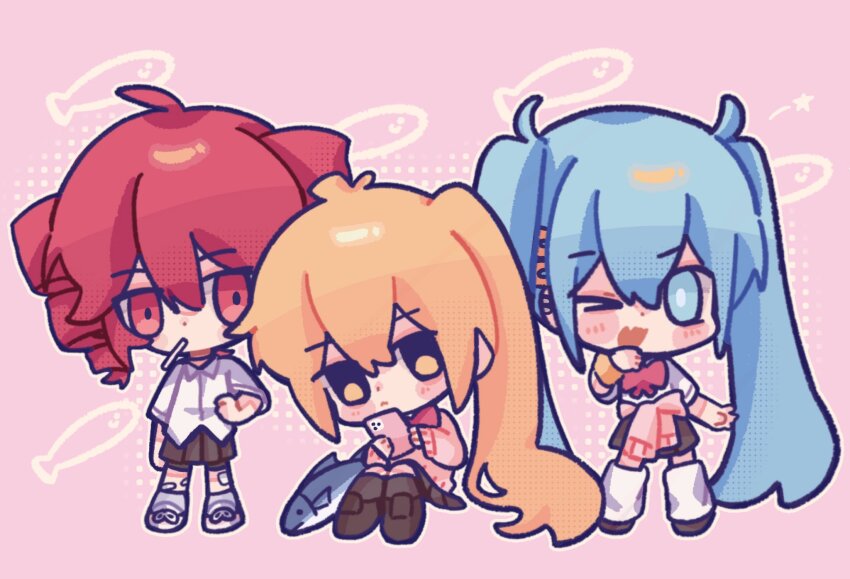 3girls akita_neru antenna_hair bandaid bandaid_on_leg big_head black_choker black_necktie blonde_hair blue_hair blush bow bowtie candy cellphone chibi chibi_only choker clothes_around_waist collared_shirt drill_hair fang fish food full_body gauze gauze_on_leg hair_between_eyes hatsune_miku highres holding holding_phone kasane_teto lollipop long_hair moochaakaka mouth_hold multiple_girls necktie on_floor one_eye_closed phone pink_background pink_sweater red_bow red_bowtie red_eyes school_uniform shirt shoes side_ponytail simple_background sitting skin_fang smartphone sneakers standing sweater sweater_around_waist twin_drills twintails utau very_long_hair vocaloid white_shirt white_shoes wing_collar yellow_eyes zako_(vocaloid)