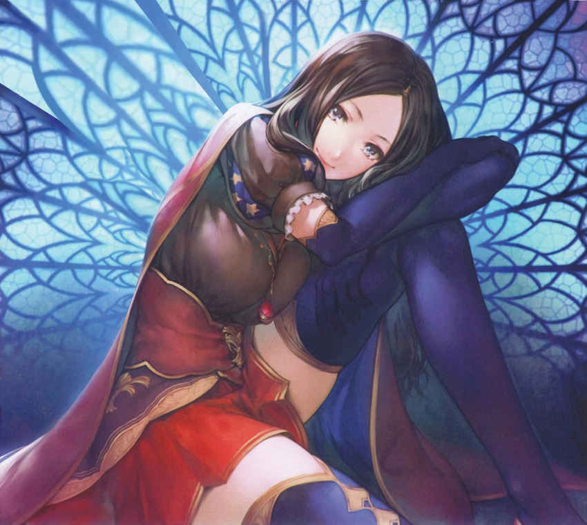 absurdres blue_background blue_eyes blue_thighhighs breasts brown_hair dress fate_(series) highres large_breasts leonardo_da_vinci_(fate) looking_at_viewer red_dress simosi smile thighhighs victorian