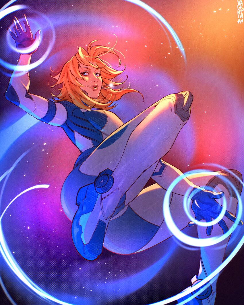 1girl absurdres blonde_hair blue_bodysuit blue_eyes bodysuit fantastic_four highres marvel marvel_rivals solo sue_storm superhero_costume two-tone_bodysuit valentina_tavolilla white_bodysuit