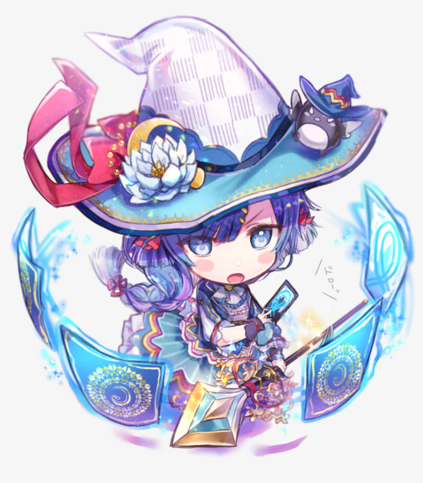 1girl :o bad_id bad_pixiv_id blue_eyes blue_hair blue_skirt blush_stickers braid card character_request chibi crescent crescent_pin female_focus flower full_body grey_background hair_ornament hairclip hat hat_flower highres holding holding_card holding_staff long_hair long_sleeves looking_at_viewer open_mouth puffy_long_sleeves puffy_sleeves rucaco shironeko_project shirt simple_background skirt solo staff standing striped_clothes striped_skirt translation_request v-shaped_eyebrows vertical-striped_clothes vertical-striped_skirt very_long_hair white_flower white_hat white_shirt witch_hat wrist_cuffs