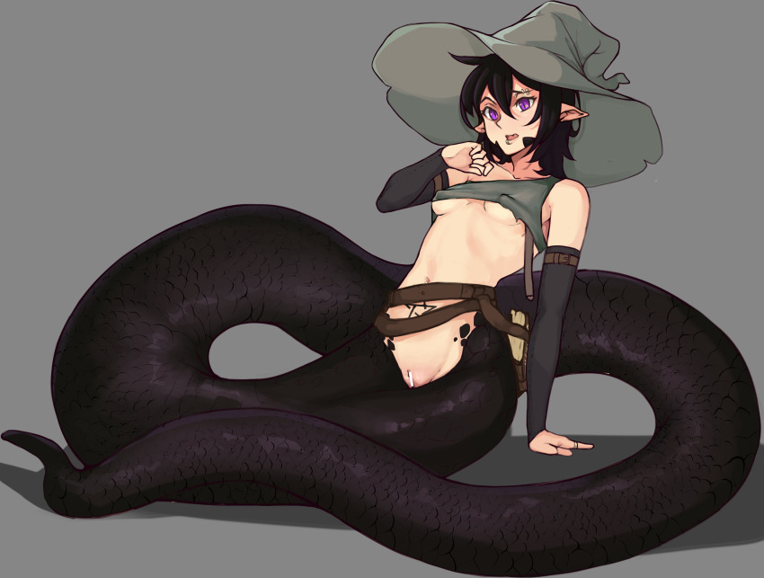 1girl arm_support black_hair breasts censored commission face_piercing full_body grey_background grey_hat hat highres jewelry lamia lip_piercing medium_hair monster_girl open_mouth original pentagram piercing pointless_censoring pointy_ears purple_eyes pussy ring simple_background small_breasts todding witch_hat