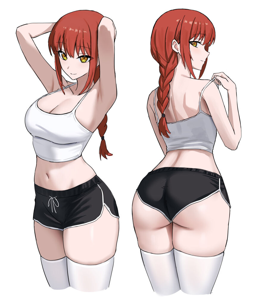 1girl :p absurdres ass bare_shoulders black_shorts braid braided_ponytail breasts camisole candy chainsaw_man cleavage collarbone cropped_legs crossed_legs dolphin_shorts food grin highres holding holding_candy holding_food holding_lollipop large_breasts lollipop makima_(chainsaw_man) multiple_views navel red_hair short_shorts shorts simple_background skrillex_li smile thighhighs thighs tongue tongue_out watson_cross white_background white_camisole white_thighhighs yellow_eyes