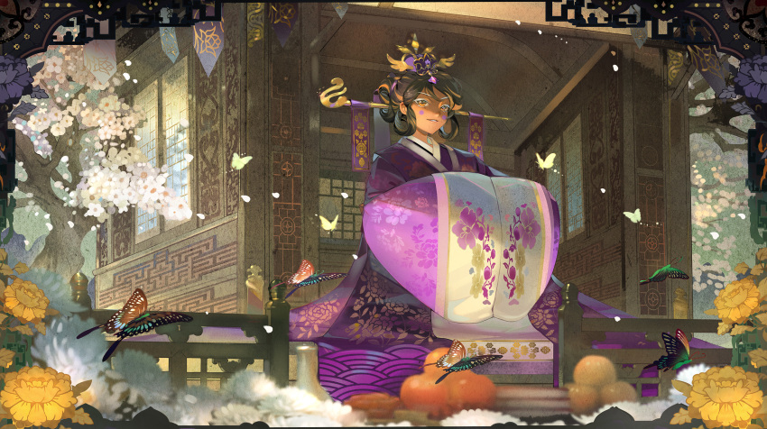 1girl bandal brown_eyes bug butterfly caramel_arrow_cookie cherry_blossoms commentary cookie_run facial_mark flower hair_bun hair_ornament hair_stick hands_in_opposite_sleeves highres insect japanese_clothes looking_at_viewer parted_lips seigaiha solo wide_sleeves yellow_flower
