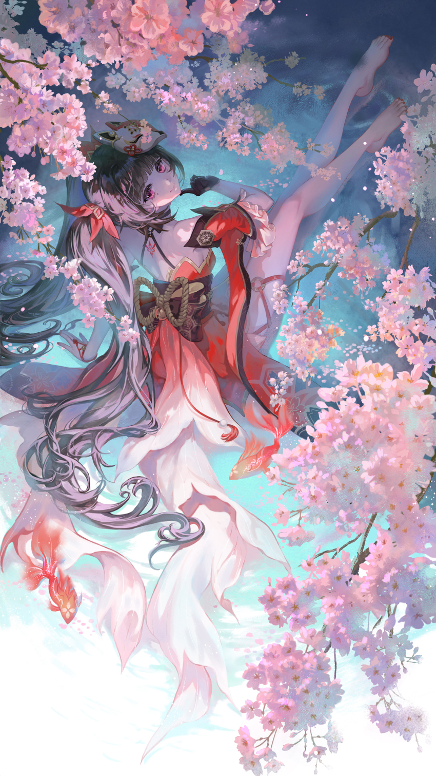1girl absurdres back_tattoo bare_legs barefoot black_collar black_gloves black_sash blunt_bangs bow branch brown_hair cherry_blossoms chinese_commentary closed_mouth coattails collar commentary_request day detached_collar detached_sleeves dress falling_petals feet finger_to_own_chin flower fox_mask from_behind full_body gloves hair_bow hair_spread_out head_tilt hei_yu highres honkai:_star_rail honkai_(series) knees long_hair long_sleeves looking_at_viewer looking_back mask mask_on_head nail_polish o-ring obi outdoors petals pink_eyes pink_flower red_bow red_dress red_nails red_sleeves rope sash shimenawa short_dress shoulder_blades sitting smile soaking_feet solo sparkle_(honkai:_star_rail) spring_(season) strapless strapless_dress tattoo thigh_strap toenail_polish toenails toes twintails very_long_hair water white_mask wide_sleeves