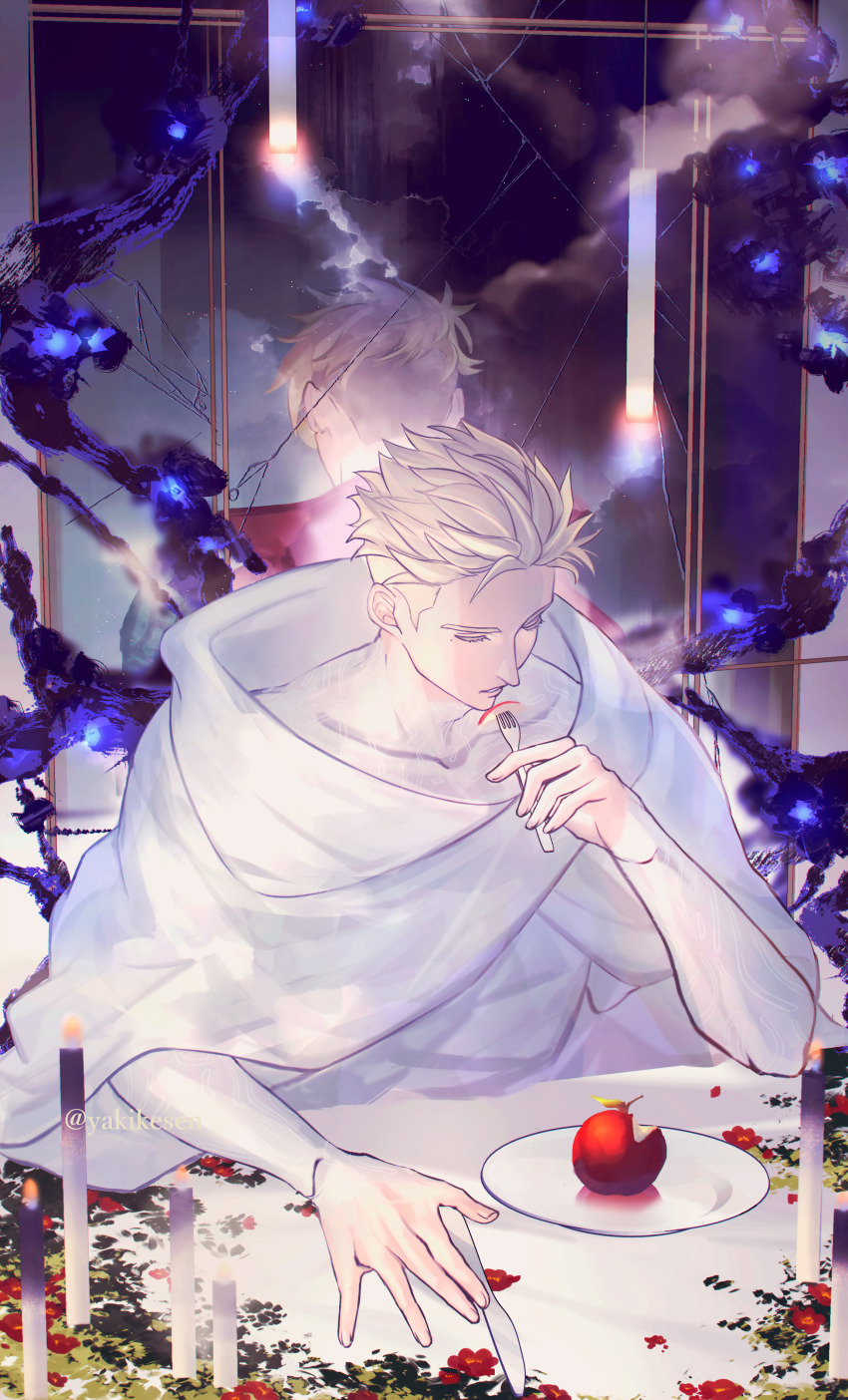 2boys absurdres adam&#039;s_apple apple blonde_hair butter_knife crack cracked_glass eating food fork fruit highres holding holding_fork male_focus millions_knives mole mole_under_eye multiple_boys plate trigun trigun_stampede undercut vash_the_stampede yakikesen
