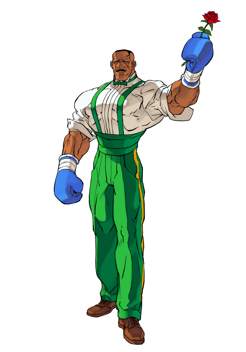 1boy bow boxing boxing_gloves dark-skinned_male dark_skin dudley facial_hair flower game_cg hand_up highres looking_at_viewer male_focus muscular muscular_male mustache nishimura_kinu non-web_source official_art red_flower red_rose rose shirt solo street_fighter street_fighter_iii_(series) suspenders