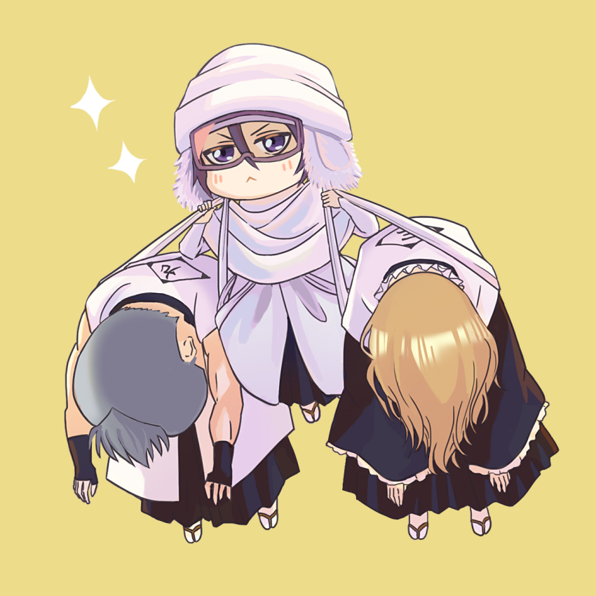1girl 2boys black_hair black_kimono bleach bleach:_sennen_kessen-hen blonde_hair carrying chibi chibi_only full_body goggles grey_hair hair_between_eyes haori highres japanese_clothes jgejge909 kimono kuchiki_rukia long_sleeves muguruma_kensei multiple_boys ootoribashi_roujuurou purple_eyes sandals short_hair socks taichou_haori white_socks wide_sleeves yellow_background