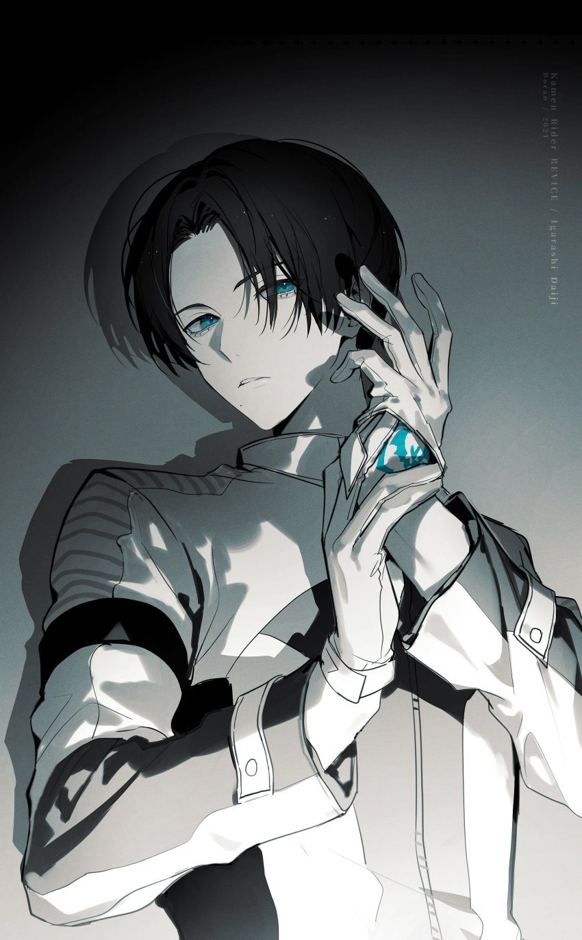 1boy absurdres aqua_eyes armband armor bat_(animal) bat_genome black_hair doran_(doran7280) fenix_uniform gloves grin highres igarashi_daiji kamen_rider kamen_rider_revice limited_palette looking_at_viewer male_focus open_hand pants removing_glove short_hair simple_background smile stamp_mark upper_body vest white_gloves