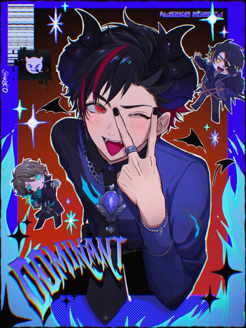 3boys :d amulet black_gloves black_hair black_jacket black_nails black_necktie blue_eyes blue_gemstone blue_shirt blush bracelet brown_hair chain chain_necklace character_name demon_emoji demon_horns demon_tail demon_wings ensemble_stars! eyepatch fangs fingerless_gloves gem gloves highres horns jacket jewelry male_focus multicolored_hair multiple_boys nagumo_tetora necklace necktie one_eye_closed open_clothes open_jacket open_mouth pearl_bracelet red_eyes red_hair ring sengoku_shinobu shindarokai shirt shirt_tucked_in signature smile sparkle streaked_hair tail takamine_midori two-tone_hair upper_body v wings yellow_eyes
